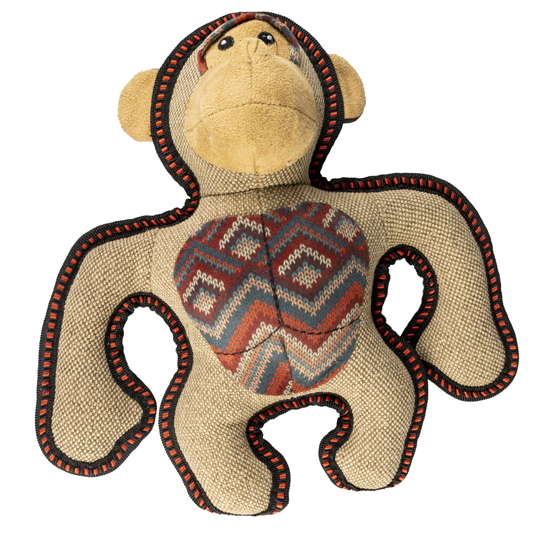 Canvas Gorilla Hundespielzeug in Affenform aus beigem Stoff mit strukturierter Oberfläche. Lange Gliedmaßen mit schwarzer und orangefarbener Naht, gemusterter Brustbereich, gesticktes Gesicht.