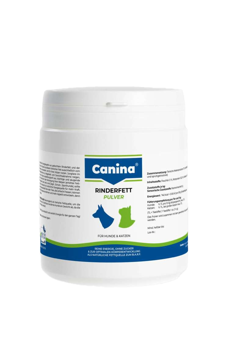 Weiße Dose mit blau-grüner Aufschrift „Canina WELPENMILCH – Für Hunde“. Text zu Anwendung, Zusammensetzung und Dosierung der Trockennährmilch für Welpen.