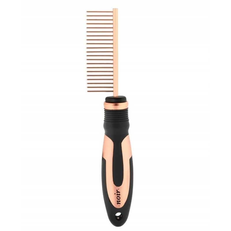 Kamm mit schwarzem und kupferfarbenem Griff, gleichmäßig angeordnete Zähne, geeignet zum Entwirren oder Stylen von Haaren.