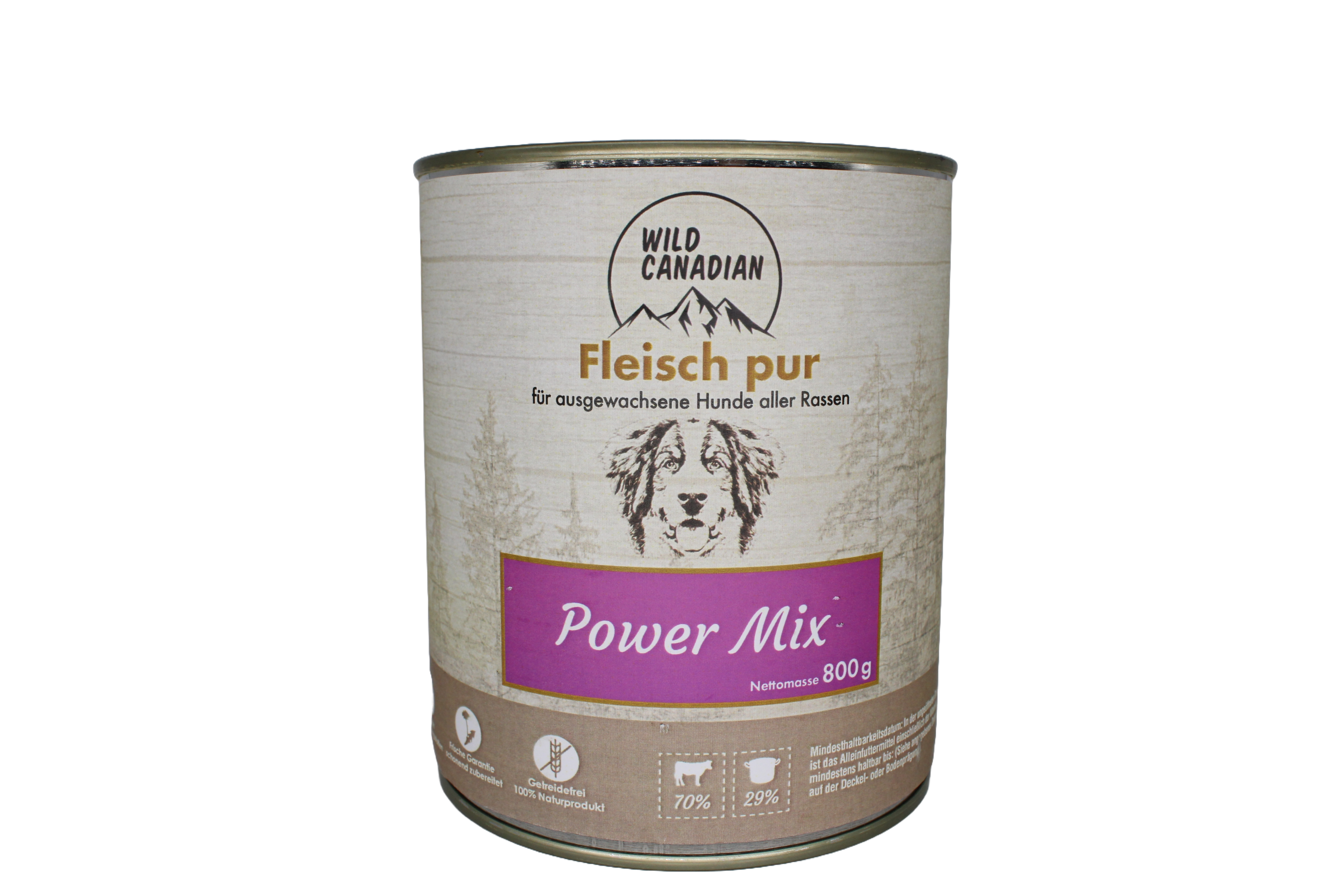 Eine zylindrische Futterdose mit beigem Etikett und der Aufschrift „Wild Canadian – Power Mix“. Unten sind ein lilafarbener Streifen, ein gezeichneter Hundekopf und Symbole abgebildet.