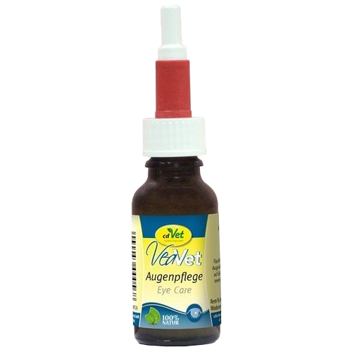 Kleine braune Flasche mit weiß-rotem Tropfverschluss, zylindrische Form, glatte Oberfläche, Etikett mit grünen und roten Designelementen.