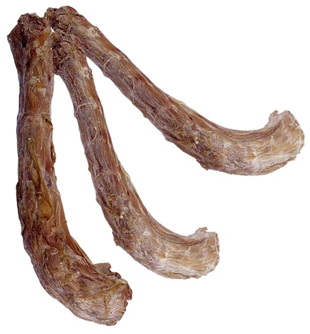 Drei getrocknete Putenhälse mit gebogener, zylindrischer Form. Die Oberfläche ist hellbraun bis beige, trocken und leicht faserig mit sichtbaren Knorpel- und Knochenstrukturen.