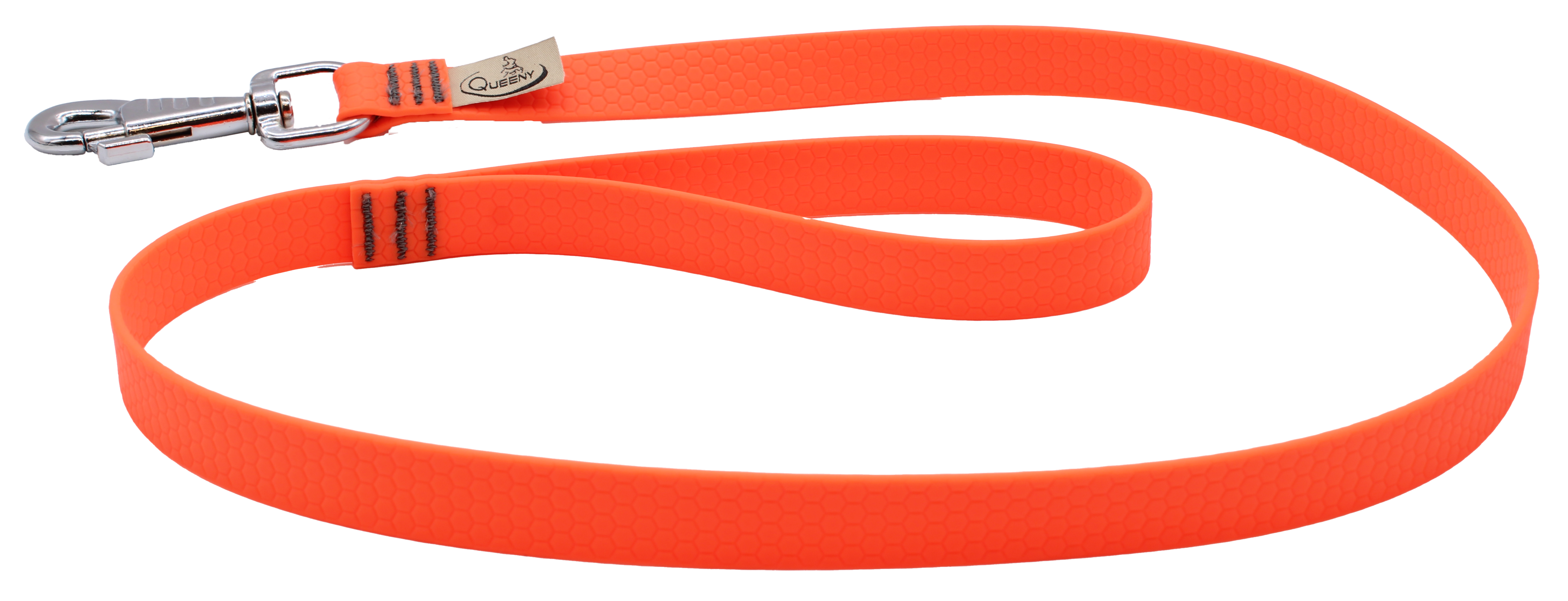 Hundeleine in Neonorange mit strukturierter Oberfläche, Metallkarabiner am Ende und kleinem Label nahe dem Verschluss.