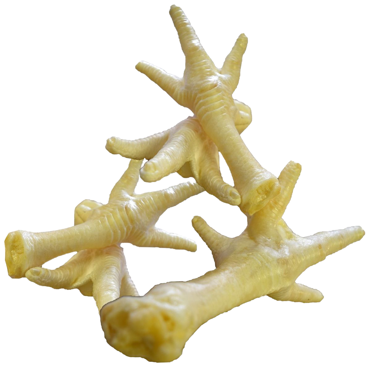 Mehrere helle, gelblich-weiße Hühnerfüße mit gepuffter, leicht poröser Oberfläche. Die Füße zeigen deutlich erkennbare Zehen mit abgerundeten Enden und strukturierter Haut.