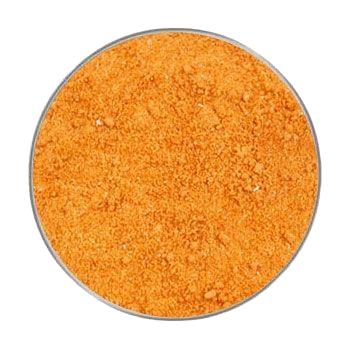 Eine runde Schale mit fein gemahlenem, orangefarbenem Pulver, gleichmäßige körnige Struktur, von oben fotografiert und freigestellt dargestellt.