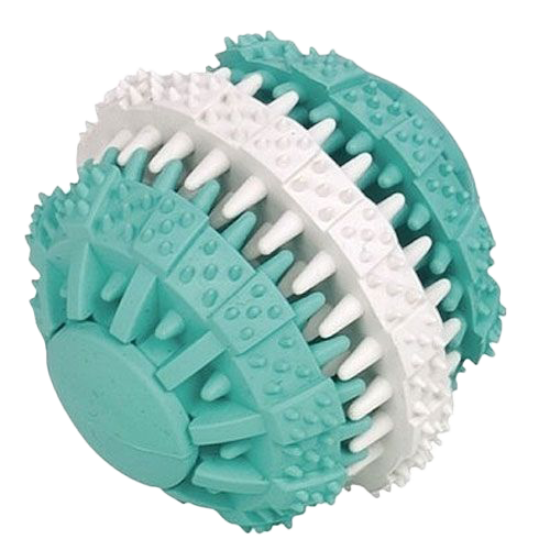 Strukturierter Ball mit abwechselnd türkisfarbenen und weißen Segmenten, Oberfläche mit Noppen und Spikes zur taktilen Stimulation.