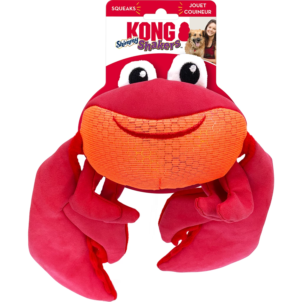 Rotes Plüsch-Hundespielzeug in Form einer Krabbe mit großen Augen und orange strukturierter Mundpartie; Verpackungskarte oben angebracht.