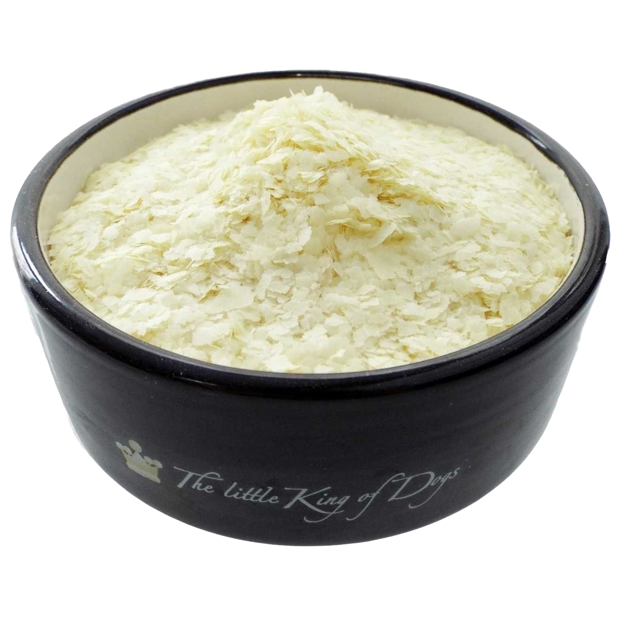 Eine schwarze Futterschale mit einer hellgelben, flockigen Mischung. Die „Kraft & Fitness“-Flocken sind fein, hauchdünn und unregelmäßig geformt.