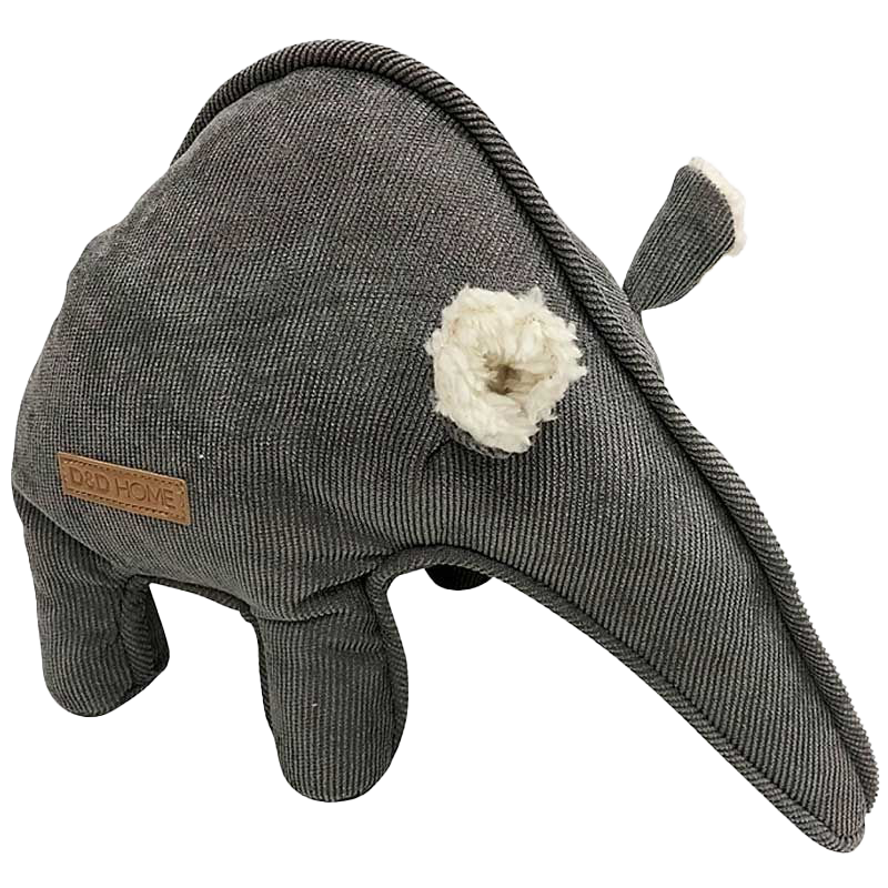 Graues Hundespielzeug aus Stoff in Form eines Ameisenbären mit vier Beinen, langem Rüssel und kleinen Ohren.
