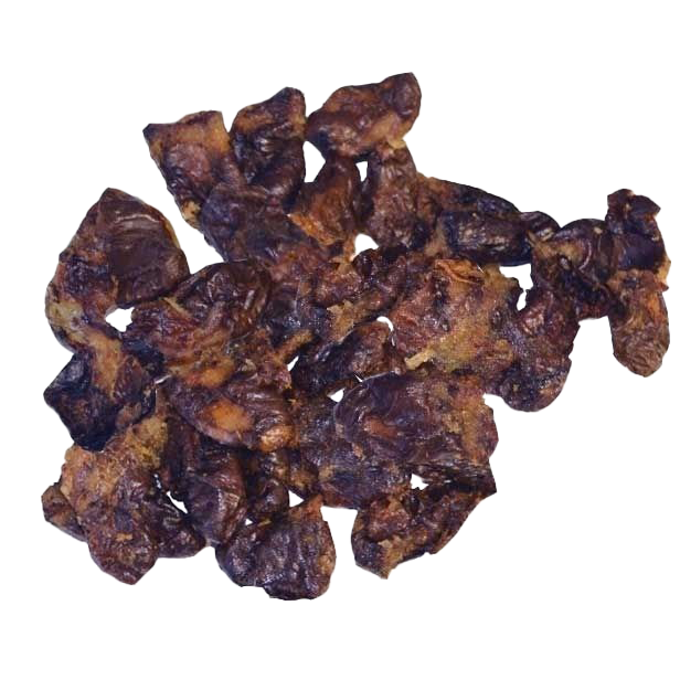 Ein Haufen kleiner, unregelmäßig geformter Hühnerherzen in dunklem Rotbraun mit leicht glänzender, runzeliger Oberfläche und teils sichtbaren helleren Schnittkanten.