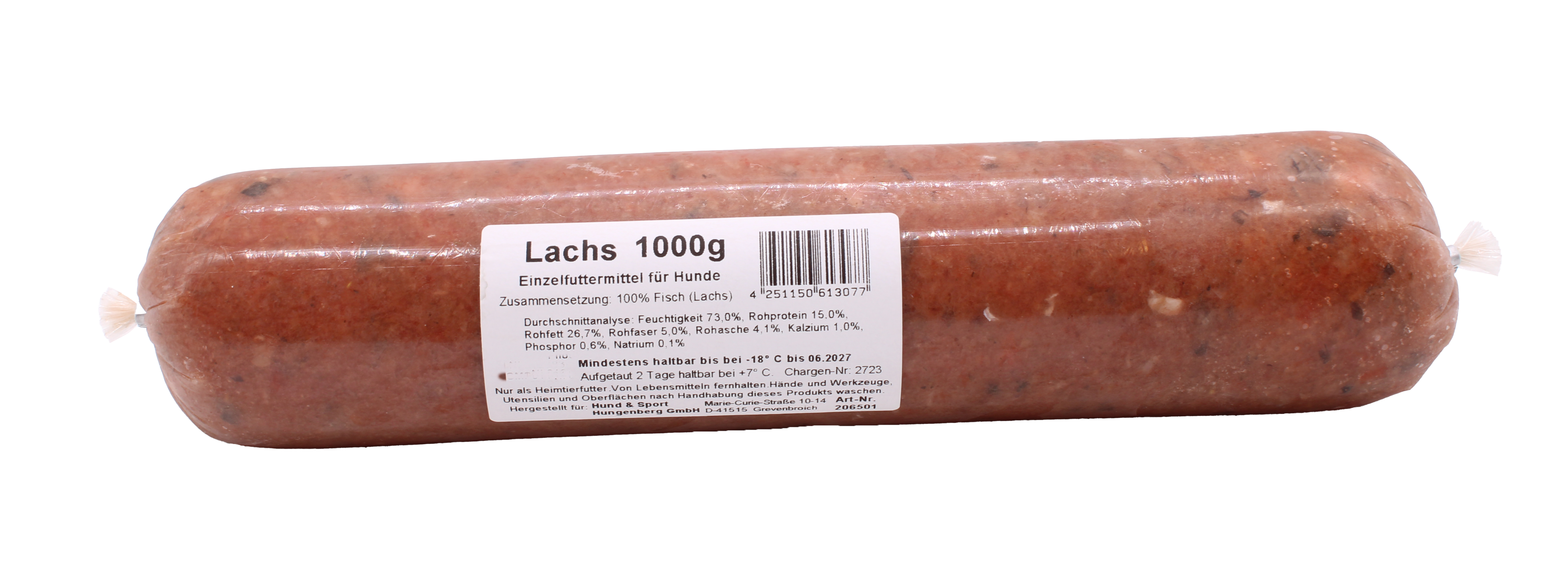 Eine Frostfleischrolle mit hellrosa-braunem, fein gewolftem Inhalt und kleinen dunklen sowie hellen Stücken. Oberfläche glatt und leicht glänzend. Verpackt in einem nicht essbaren Kunstdarm.