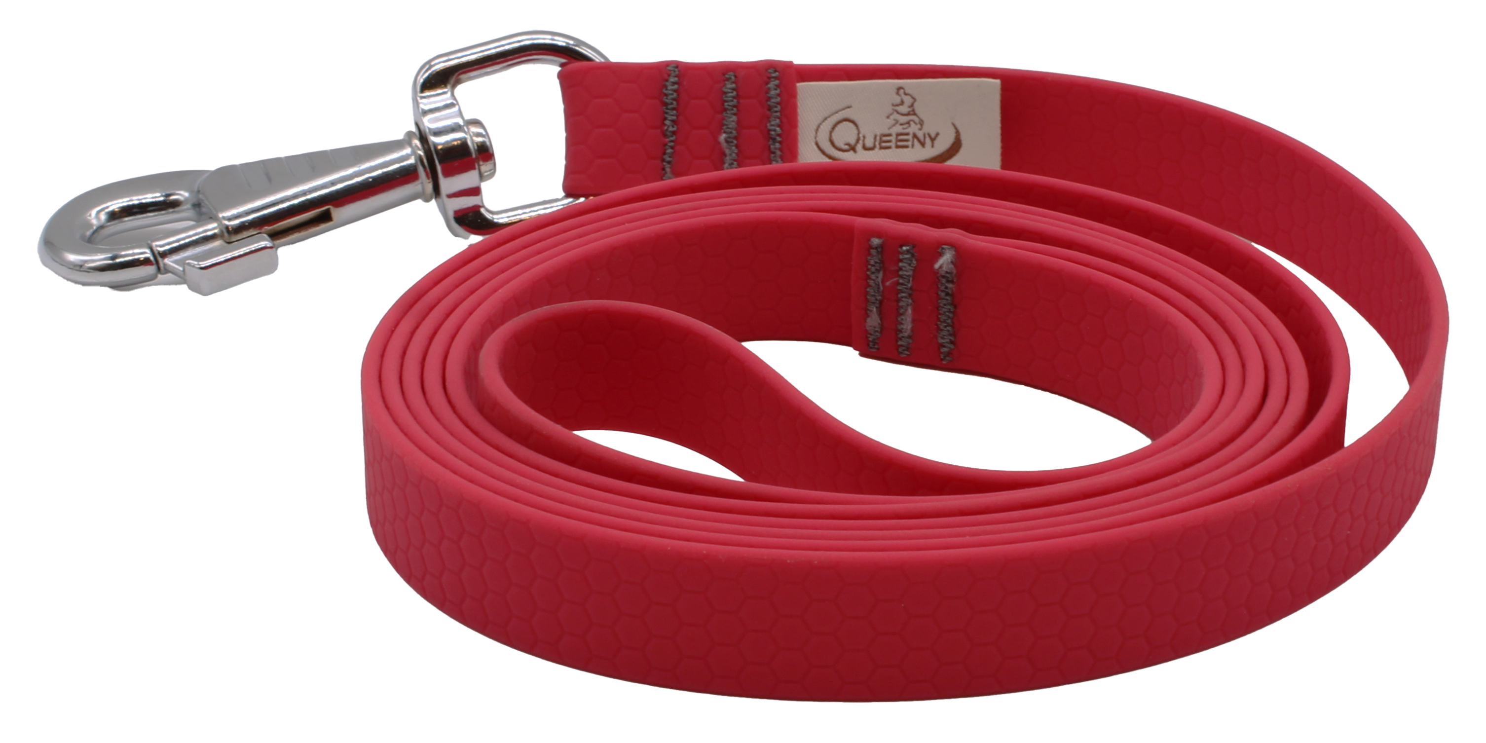 Hundeleine in Magenta mit strukturierter Oberfläche, Metallkarabiner am Ende und kleinem Label nahe dem Verschluss.