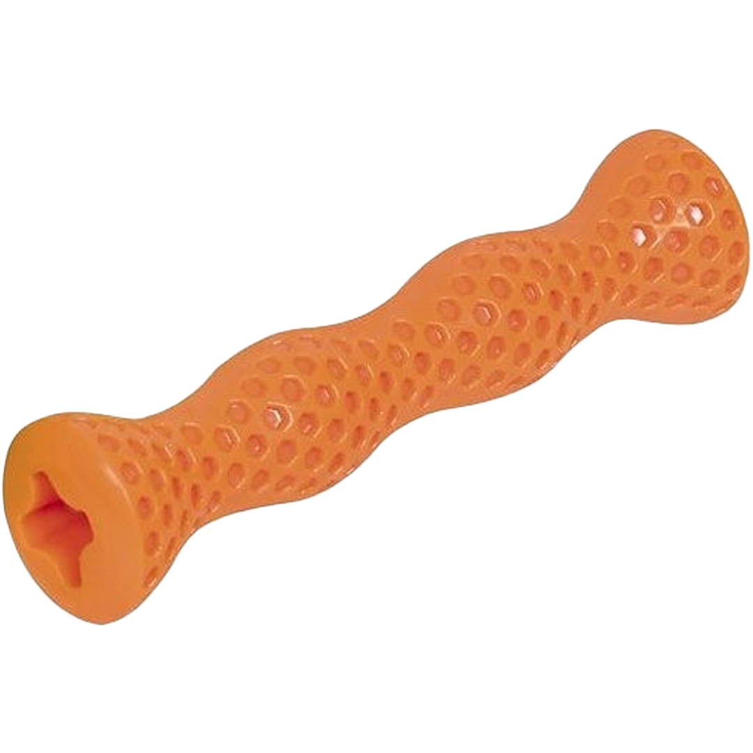 Oranger, zylindrisches Objekt mit welliger Form und strukturierter Oberfläche, an einem Ende sternförmige Öffnung.
