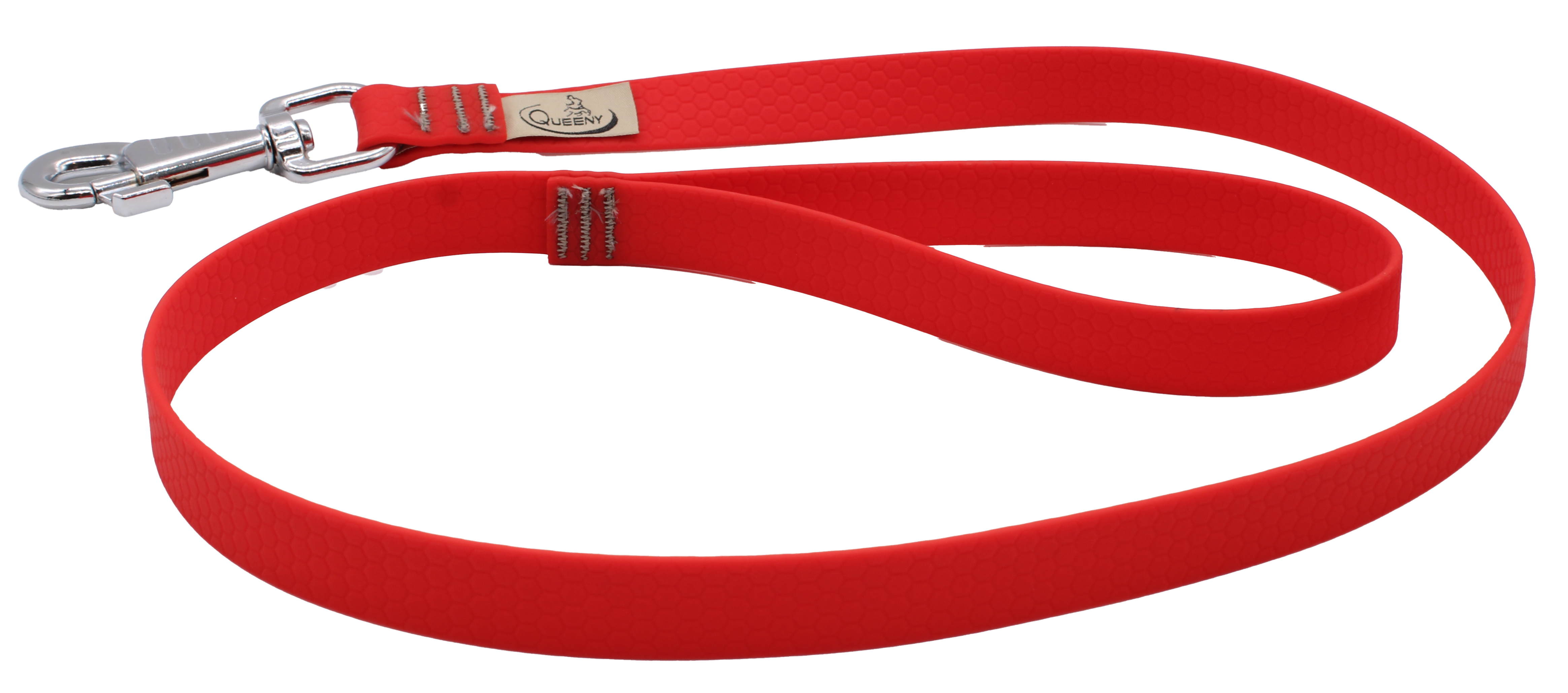Hundeleine in Süßigkeitenroter Farbe mit strukturierter Oberfläche, Metallkarabiner am Ende und kleinem Label nahe dem Verschluss.