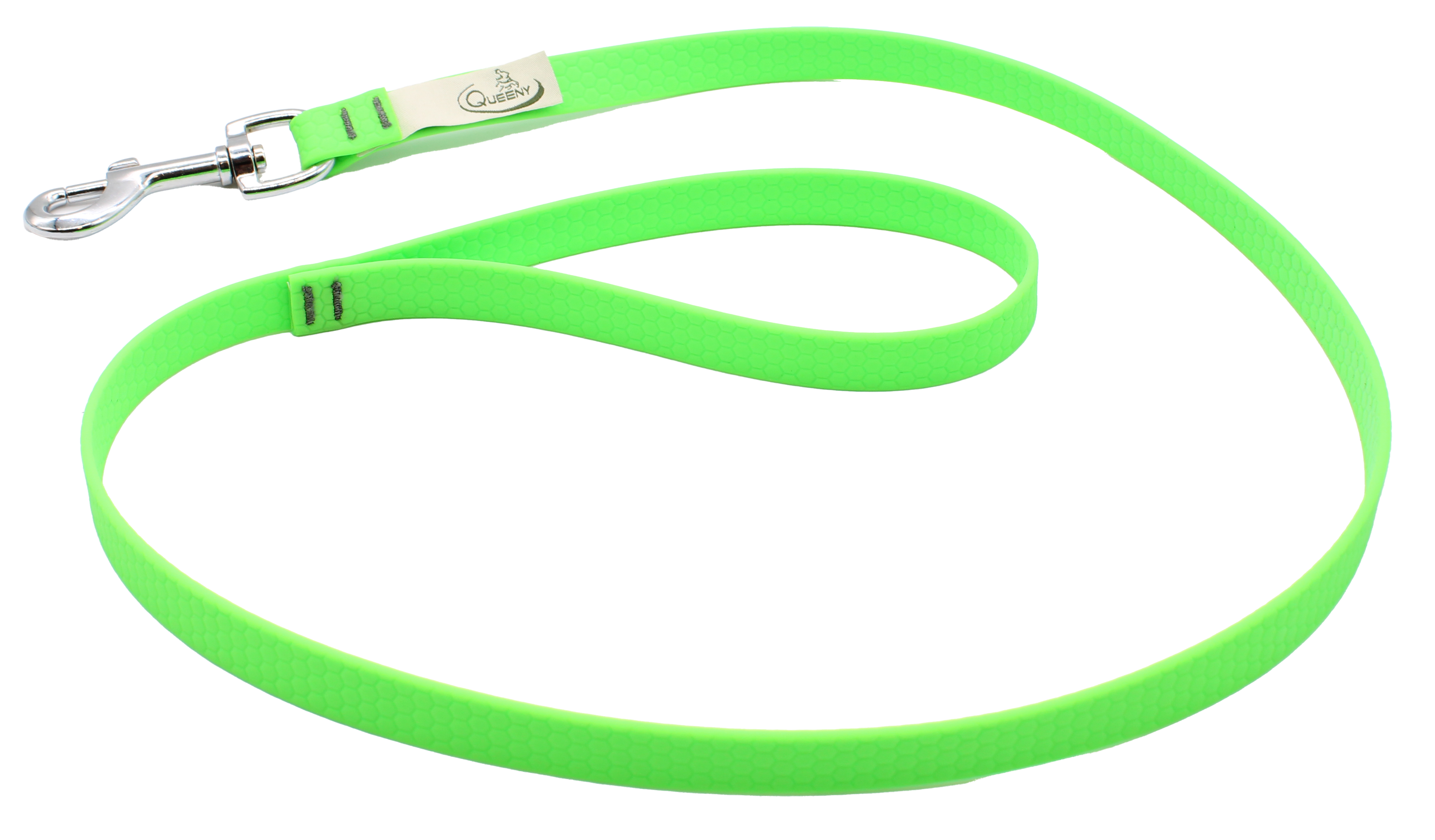 Hundeleine in neongrüner Farbe mit strukturierter Oberfläche, Metallkarabiner am Ende und kleinem Label nahe dem Verschluss.