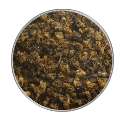 Ein kreisförmig ausgeschnittener Blick auf eine grobe, faserige Mischung in Braun- und Beigetönen mit unregelmäßiger Struktur. Der Hintergrund ist vollständig ausgeblendet.