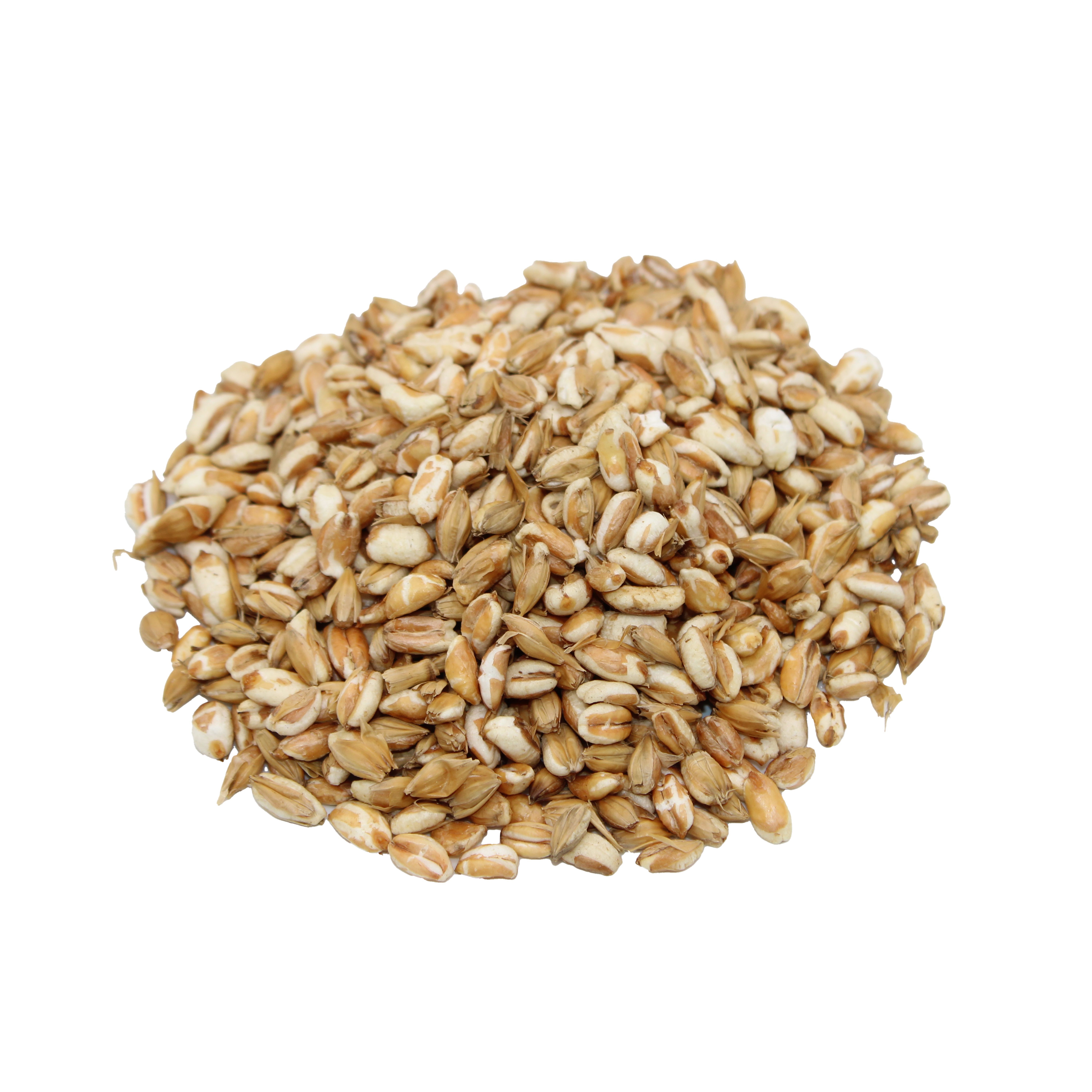 Locker aufgehäufte, hellbraun-weiße Gerstenflocken mit unregelmäßiger, leicht gebrochener Struktur vor weißem Hintergrund.