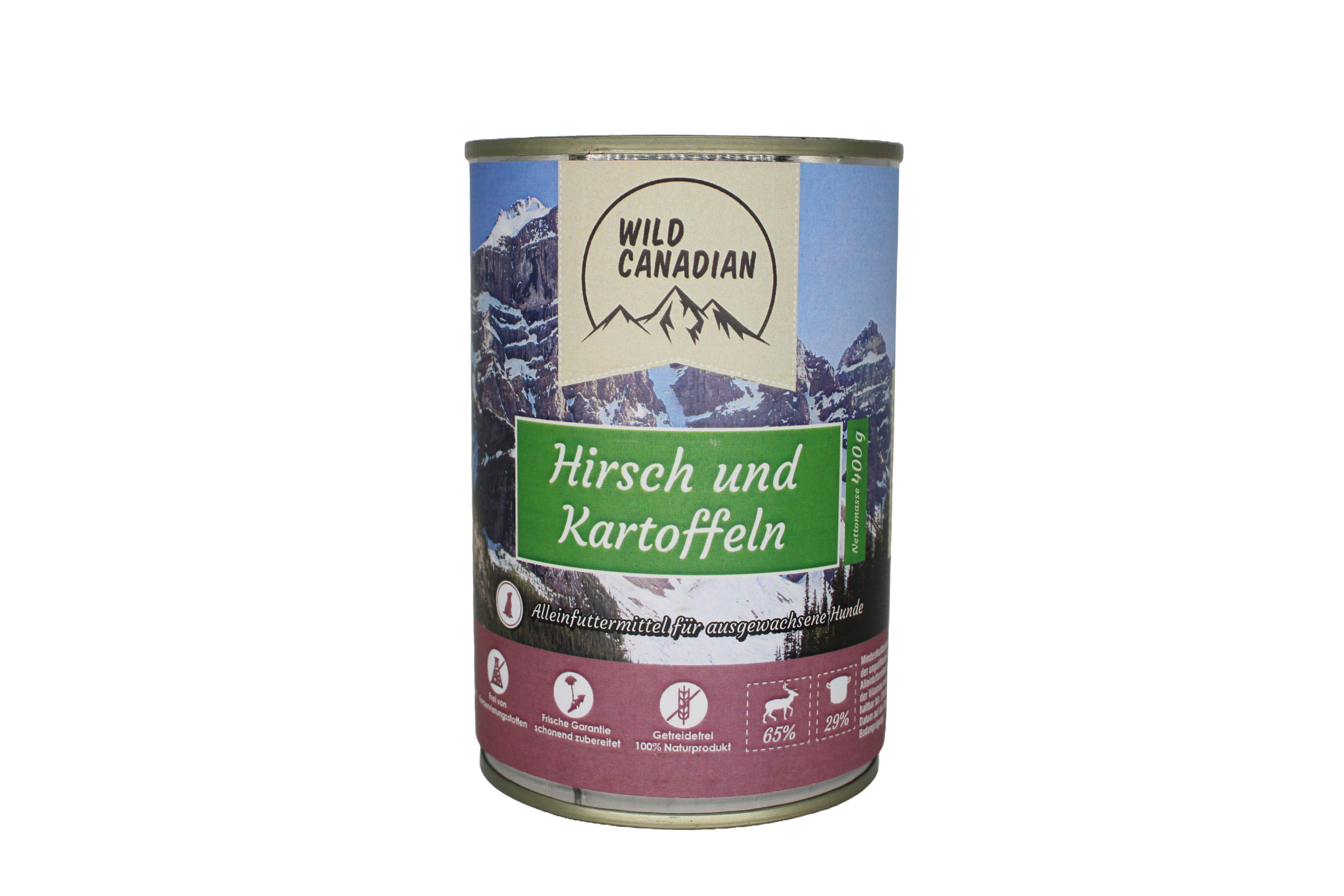 Eine Futterdose mit Gebirgsdesign und grünem Etikett mit der Aufschrift „Hirsch und Kartoffeln“. Unten Piktogramme zu Fleischanteil, Zutaten und Produkthinweisen.