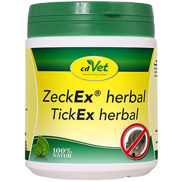 Grün-gelbe Verpackung von cdVet ZeckEx herbal, 100 % natürliches Mittel zur Zeckenabwehr, mit durchgestrichenem Zecken-Symbol auf dem Etikett.