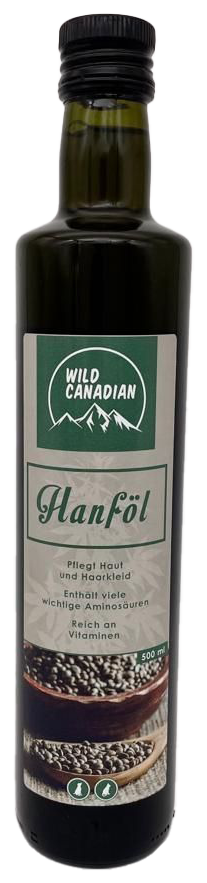 Eine dunkle Glasflasche mit schwarzem Schraubverschluss und grünem Etikett der Marke ‚Wild Canadian‘. Beschriftet mit ‚Hanföl‘ und bebildert mit Hanfsamen.