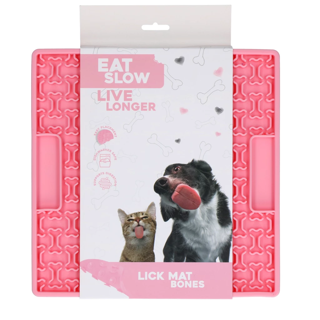 Rosa Schleckmatte ‚Eat Slow Live Longer – Lick Mat Bones‘ für Hunde und Katzen, in Verpackung mit Tierabbildungen und Hinweisen zu Verdauungsförderung und Anwendung.
