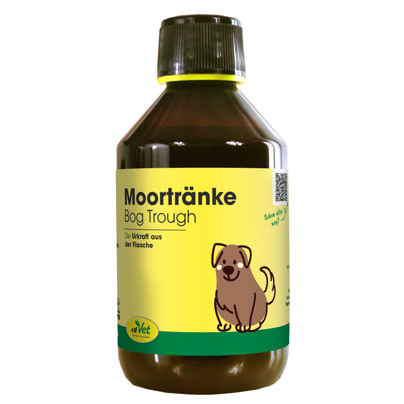 Braune Flasche mit gelbem Etikett, darauf eine Illustration eines Hundes und ein grünes Logo