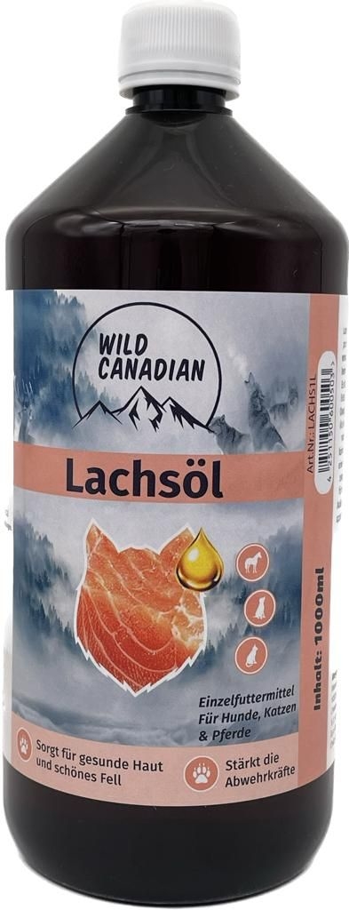 Eine große braune Kunststoffflasche mit hellblau-rosafarbenem Etikett. Aufschrift ‚Lachsöl‘ mit Grafik eines Lachsfilets und Tropfensymbol.