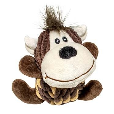  Affenförmiges Hundespielzeug mit braunem Plüschkörper, weißem Gesicht, gerippter Struktur und geflochtenem Seilkörper in Braun-Beige.