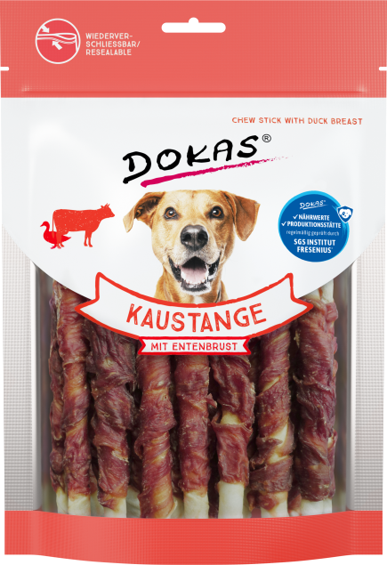 Verpackung mit gedrehten Hundekaustangen, sichtbar durch transparenten Bereich; lachender Hund vorne abgebildet, Beutel mit Zip-Verschluss, Produkt mit Entenbrust.