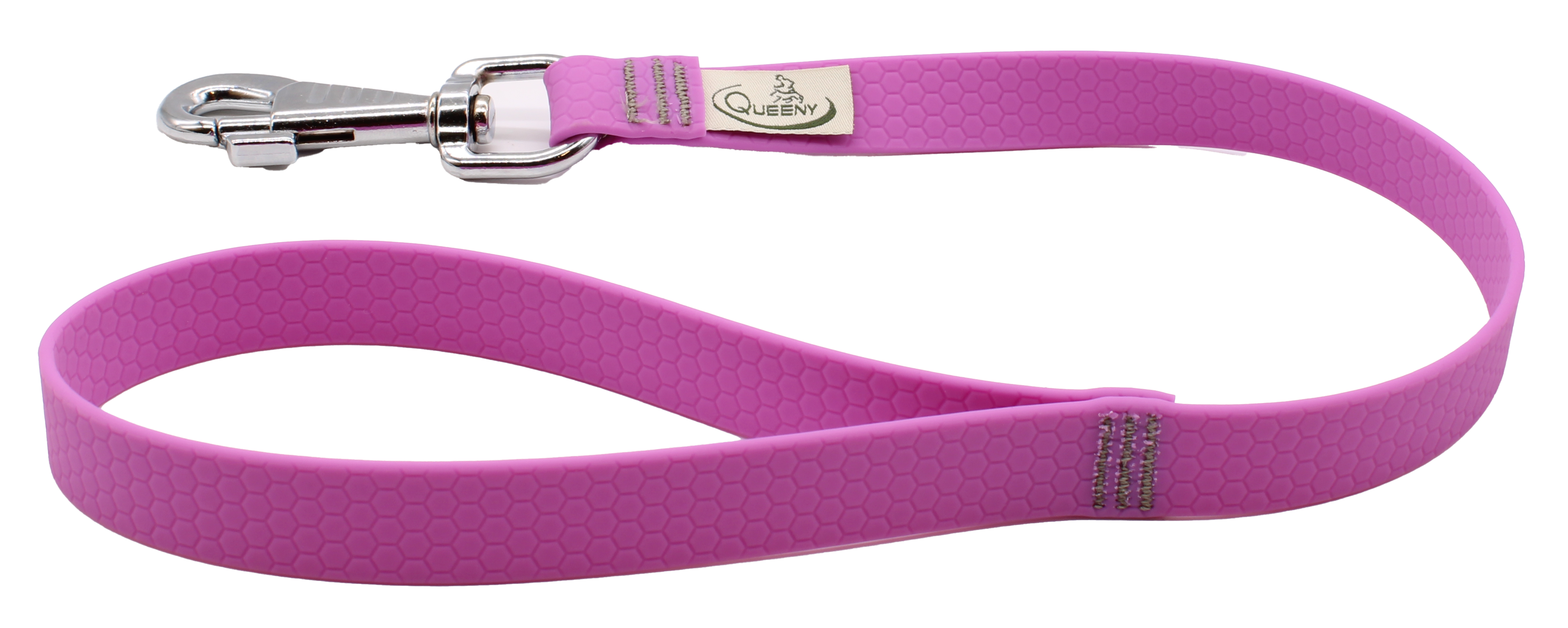 Hundeleine in Levendel mit strukturierter Oberfläche, Metallkarabiner am Ende und kleinem Label nahe dem Verschluss.