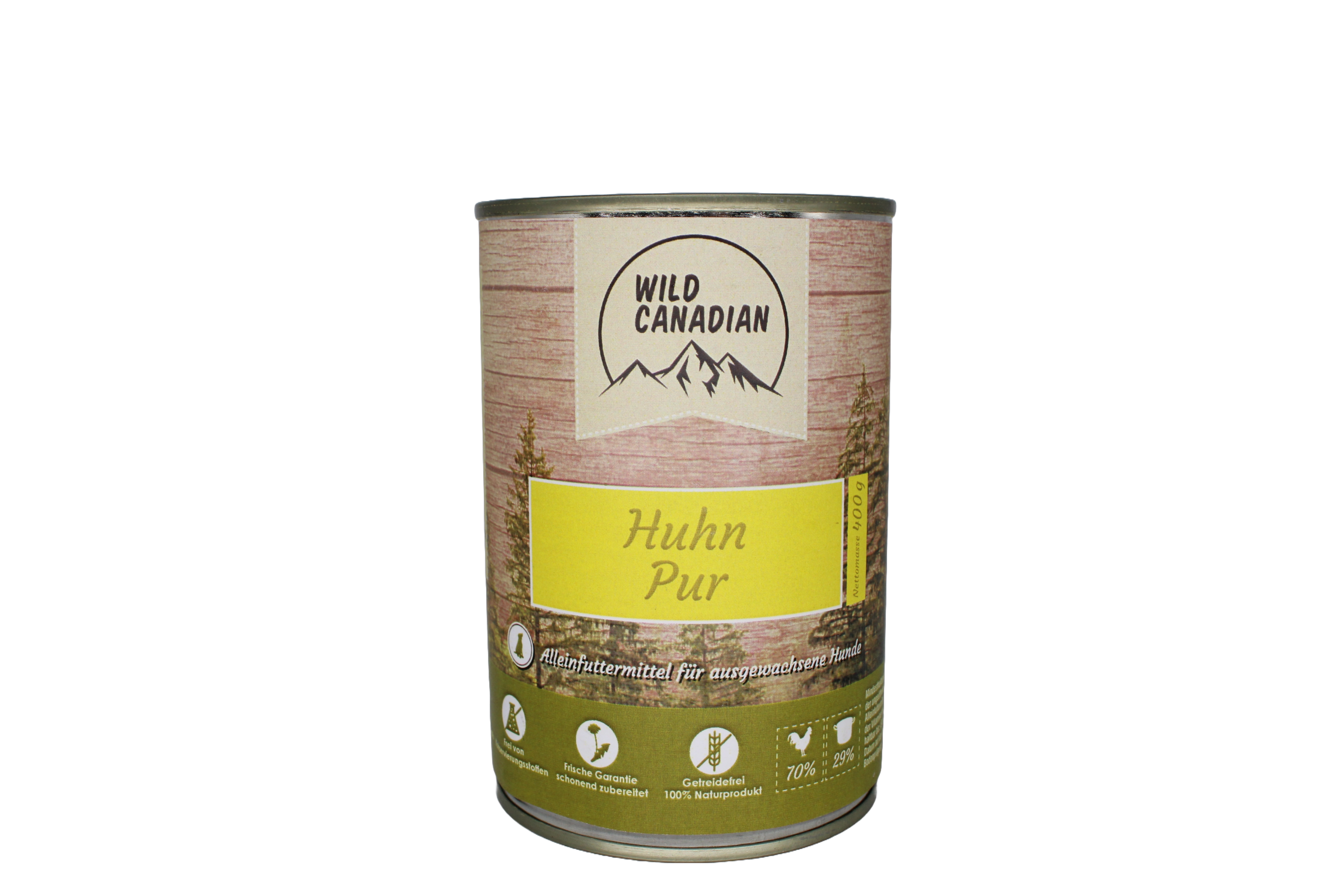 Eine Futterdose mit beigem Etikett und gelbem Feld mit der Aufschrift „Huhn Pur“. Unten grüne Fläche mit Symbolen für Geflügelanteil, Zubereitung und Getreidefreiheit.