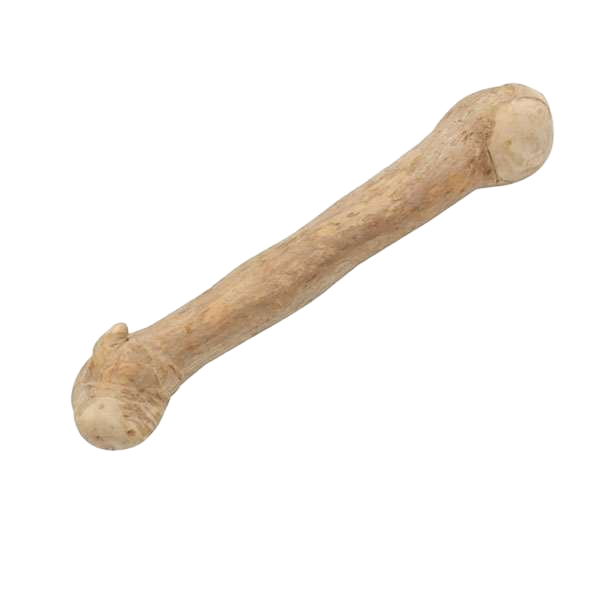 Ein hellbrauner Kaffeeholz-Kauknochen für Hunde mit zylindrischer Form, abgerundeten Enden und natürlicher, leicht rauer Holzstruktur ist abgebildet.