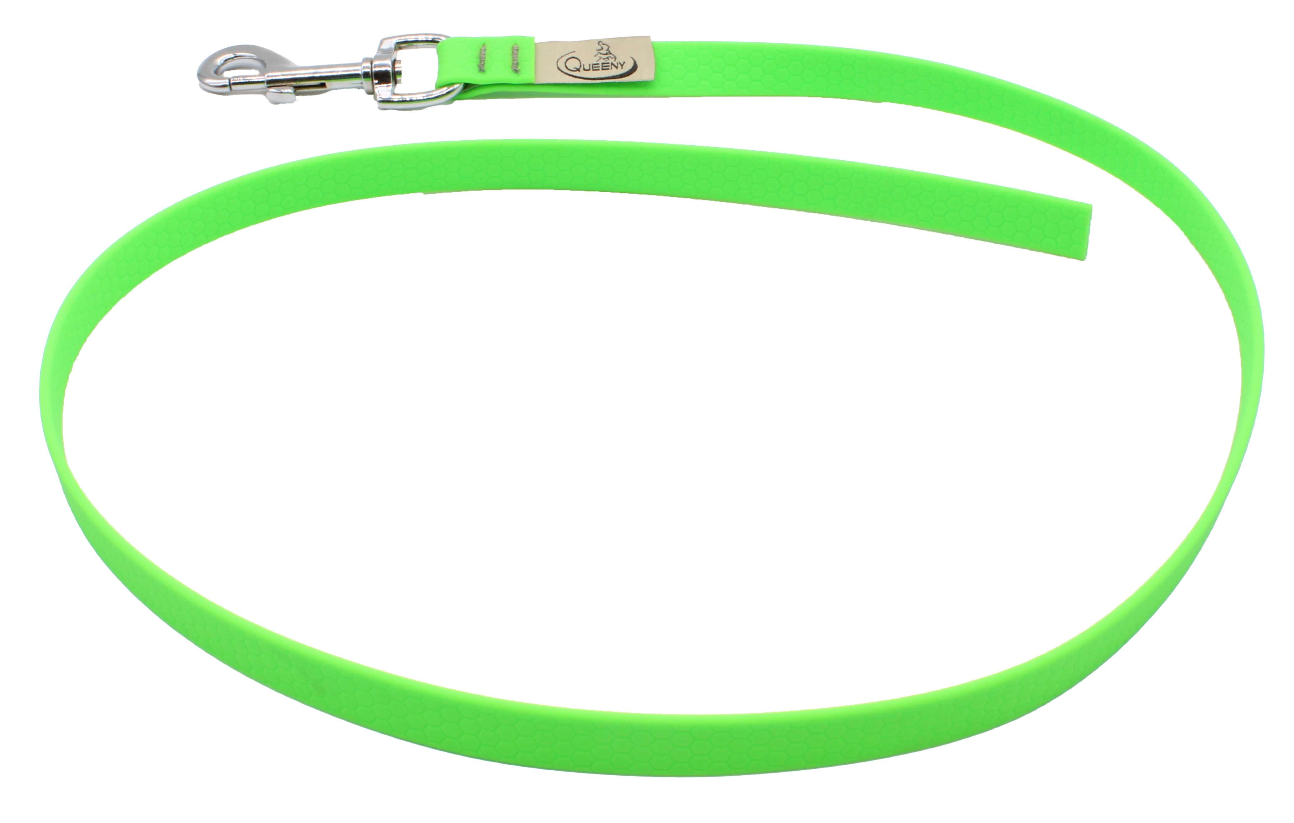 Hundeleine in Neongrüner Farbe mit strukturierter Oberfläche, Metallkarabiner am Ende und kleinem Label nahe dem Verschluss.