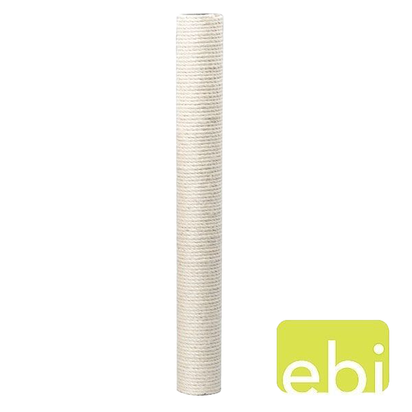 Hoher, zylindrischer Katzenkratzbaum, umwickelt mit hellem, seilartigem Material. Die Oberfläche wirkt grob strukturiert und naturfarben.