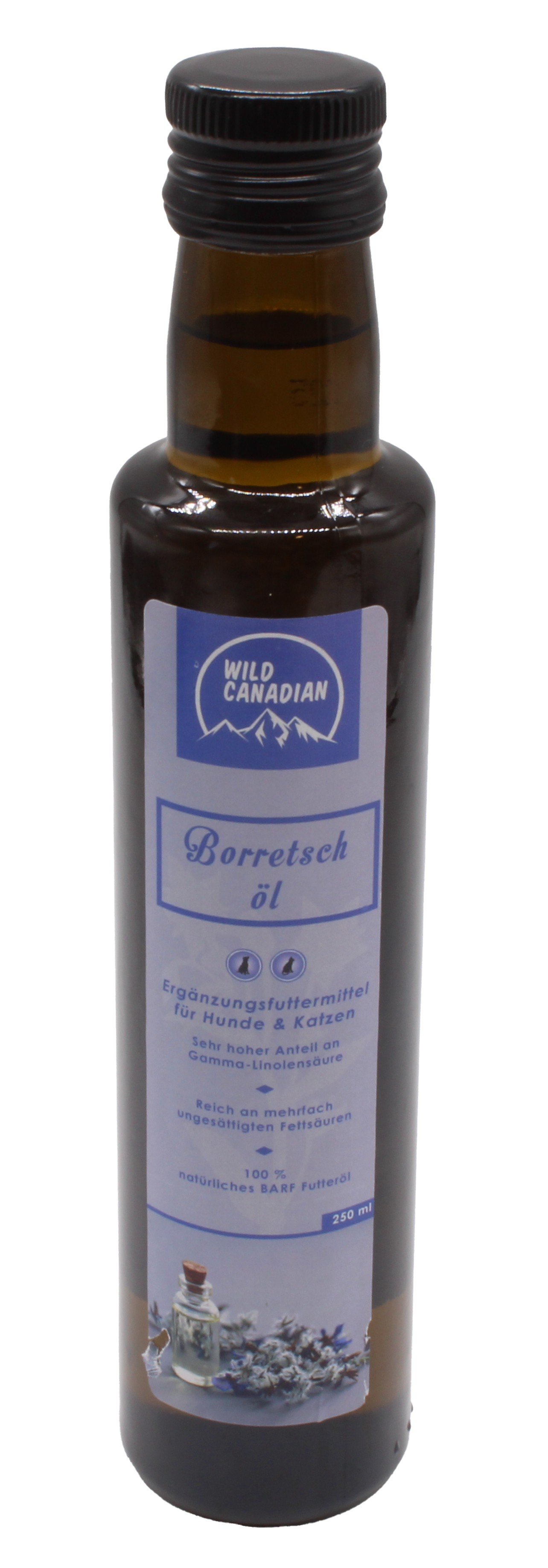 Eine braune Glasflasche mit schwarzem Schraubverschluss und blauem Etikett mit der Aufschrift „Borretschöl“. Darunter ein Bild von blauen Blüten und einer kleinen Glasflasche.