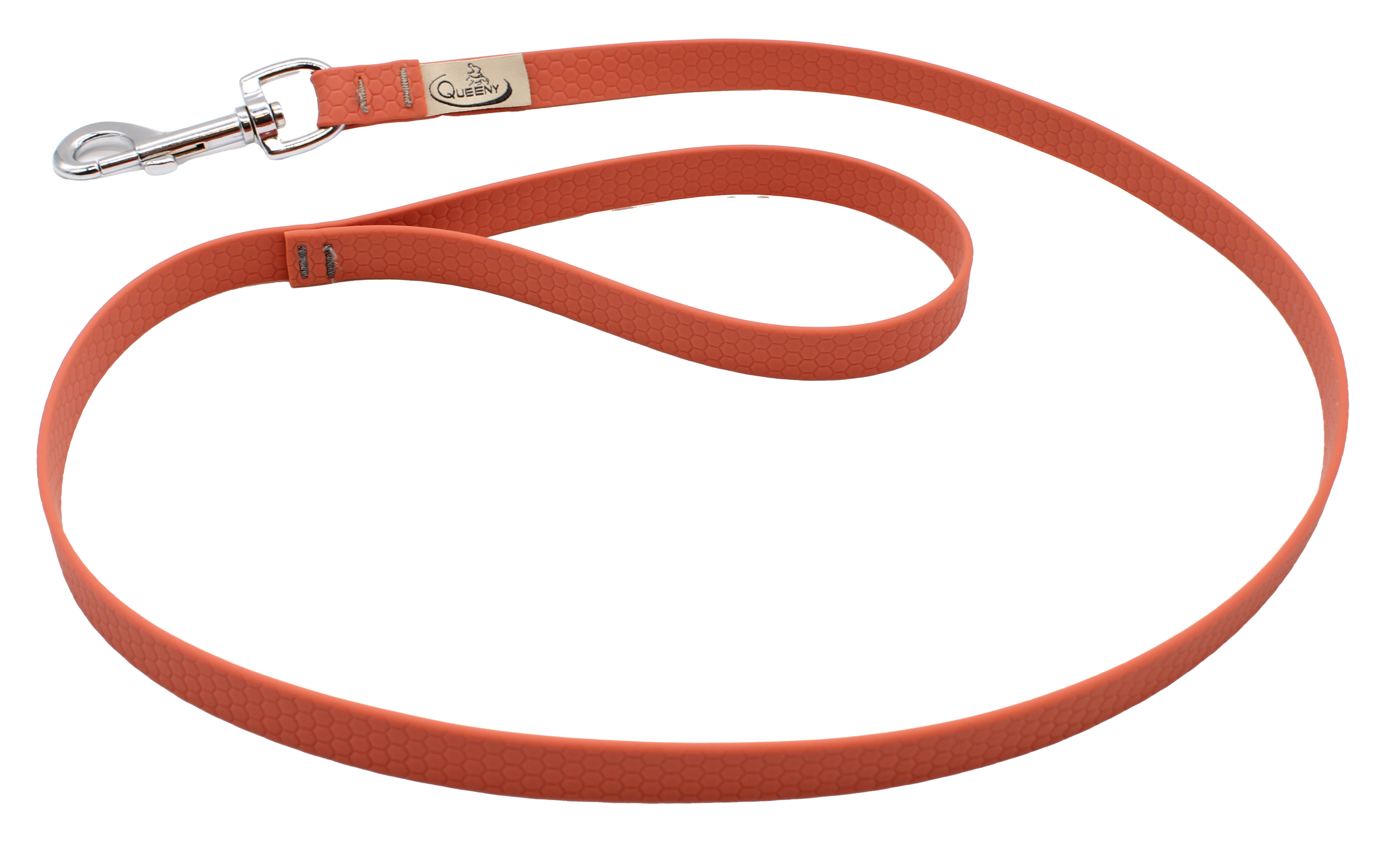 Hundeleine in aprikosenbrauner Farbe mit strukturierter Oberfläche, Metallkarabiner am Ende und kleinem Label nahe dem Verschluss.