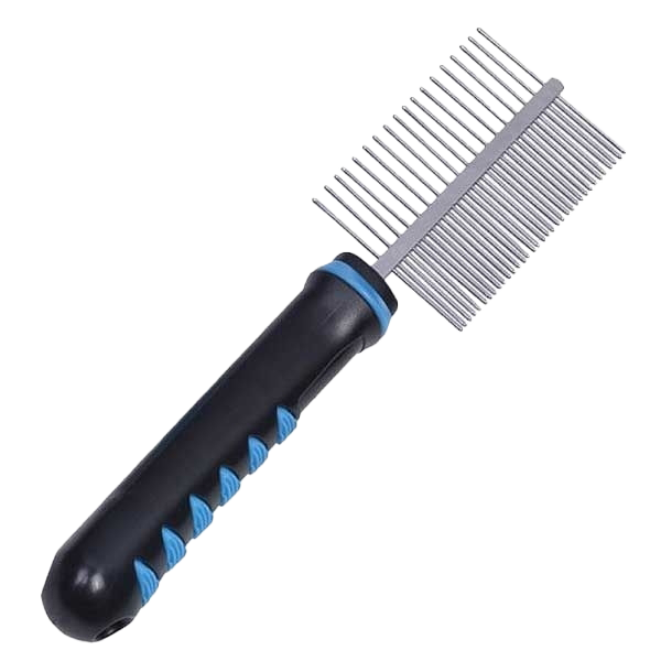 Grooming-Kamm mit schwarzem Griff und blauen Akzenten, zwei Zahnreihen aus Metall – eine mit weitem, eine mit engem Abstand.