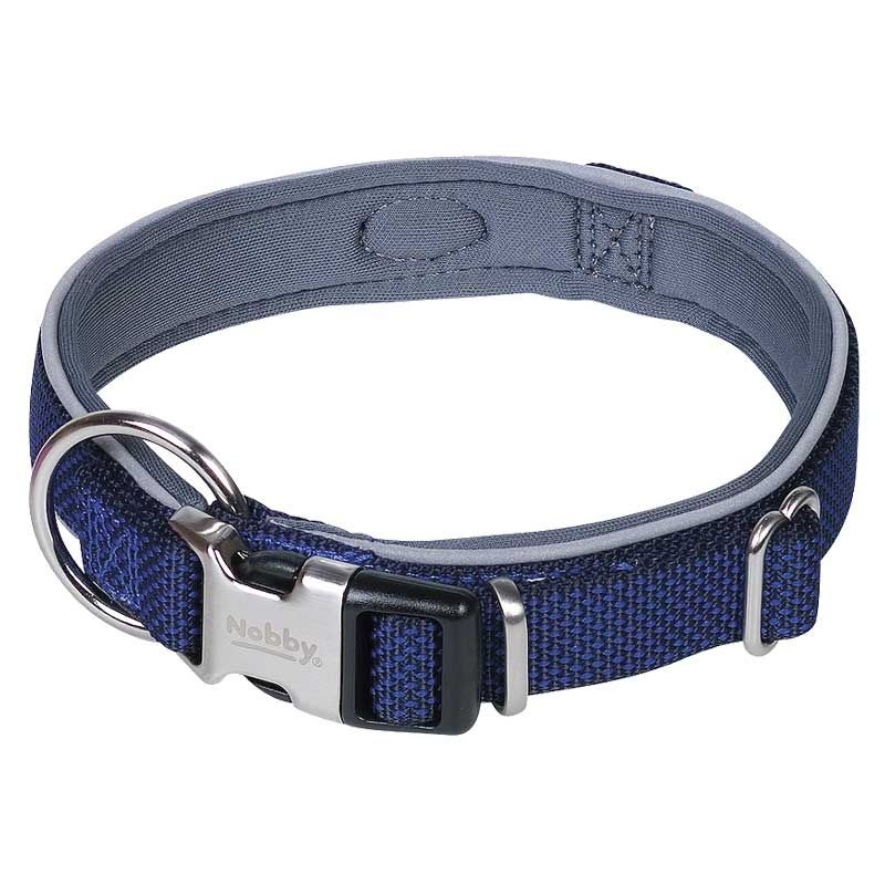 Blaues Hundehalsband mit gewebter Struktur, silberner Metallschnalle, silber -chwarzem Clipverschluss und gepolsterter Innenseite; Metallring zur Leinenbefestigung sichtbar.Halsband Classic Preno Royal navy 