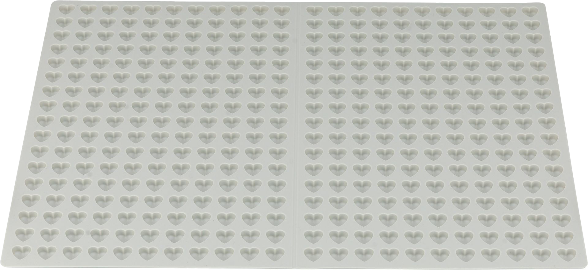 Weiße Silikonform als große Rechteckmatte mit vielen kleinen, gleichmäßig angeordneten herzförmigen Vertiefungen; mittig durch eine senkrechte Linie in zwei Felder geteilt.