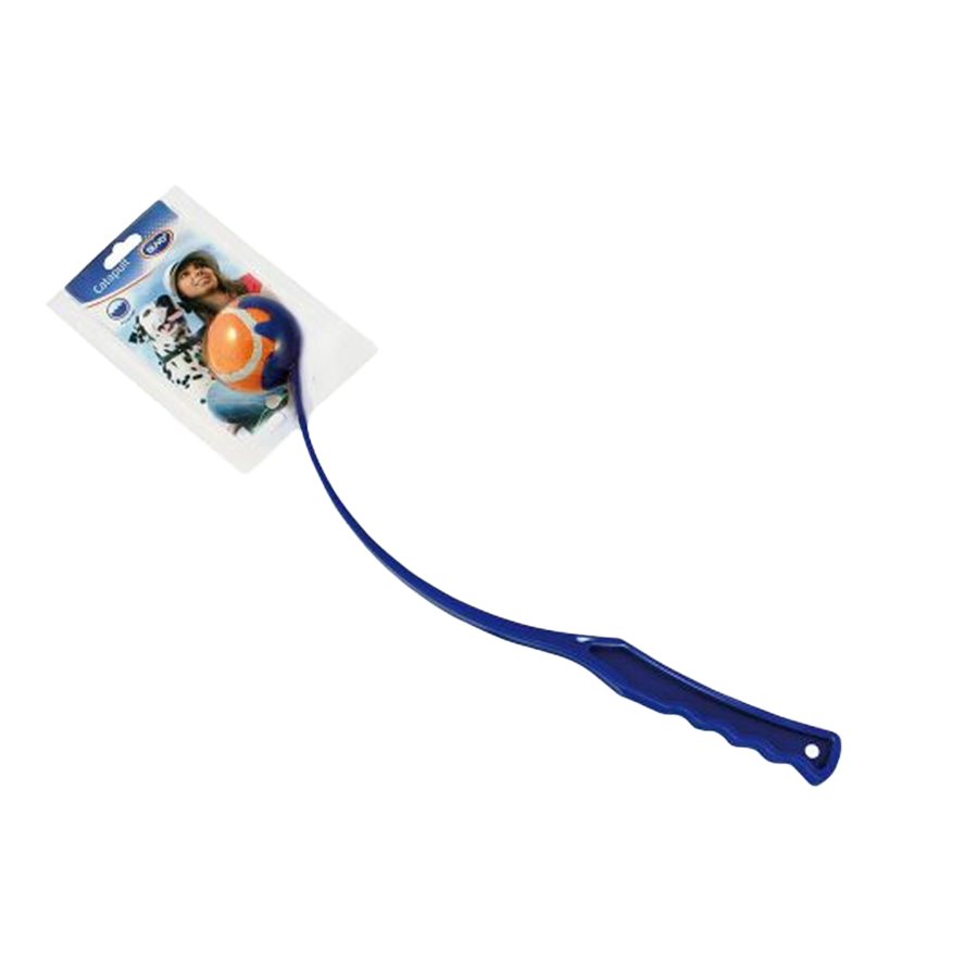 Ein Hundespielzeug mit langem blauen Kunststoff-Wurfarm und Griff. Am Ende sitzt ein runder Ball in Orange und Blau. Der Wurfarm ist gebogen und dient zum Werfen des Balls.