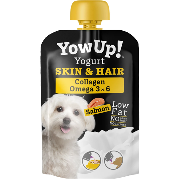 Joghurtbeutel für Hunde mit Lachs-Geschmack, beworben für Haut und Fell, mit Collagen sowie Omega 3 & 6.