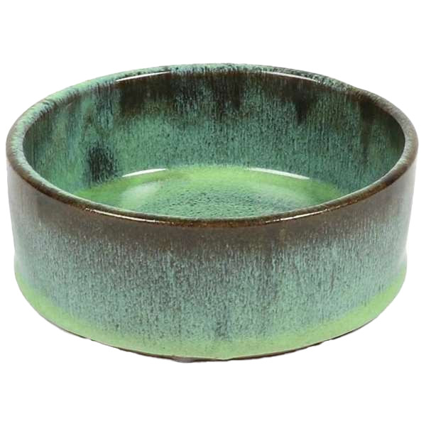 Grüne Keramikschale mit zylindrischer Form, glatter Oberfläche und Farbverlauf von dunklem Grün oben zu hellem Grün unten.
