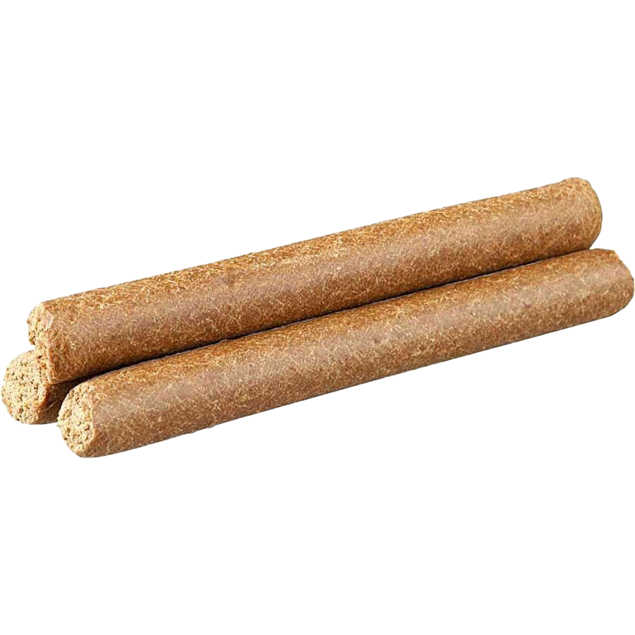  Drei braune Kaustangen für Hunde mit glatter, leicht strukturierter Oberfläche und zylindrischer Form.