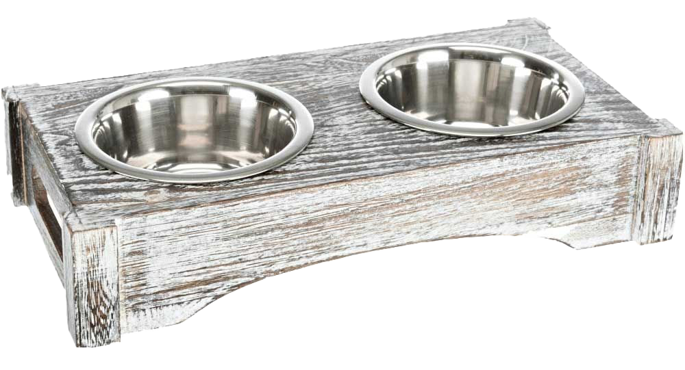  Erhöhter Hundenapfhalter aus Holz mit rustikaler Oberfläche; zwei eingelassene Edelstahlschalen, rechteckige Form, stabile Konstruktion.