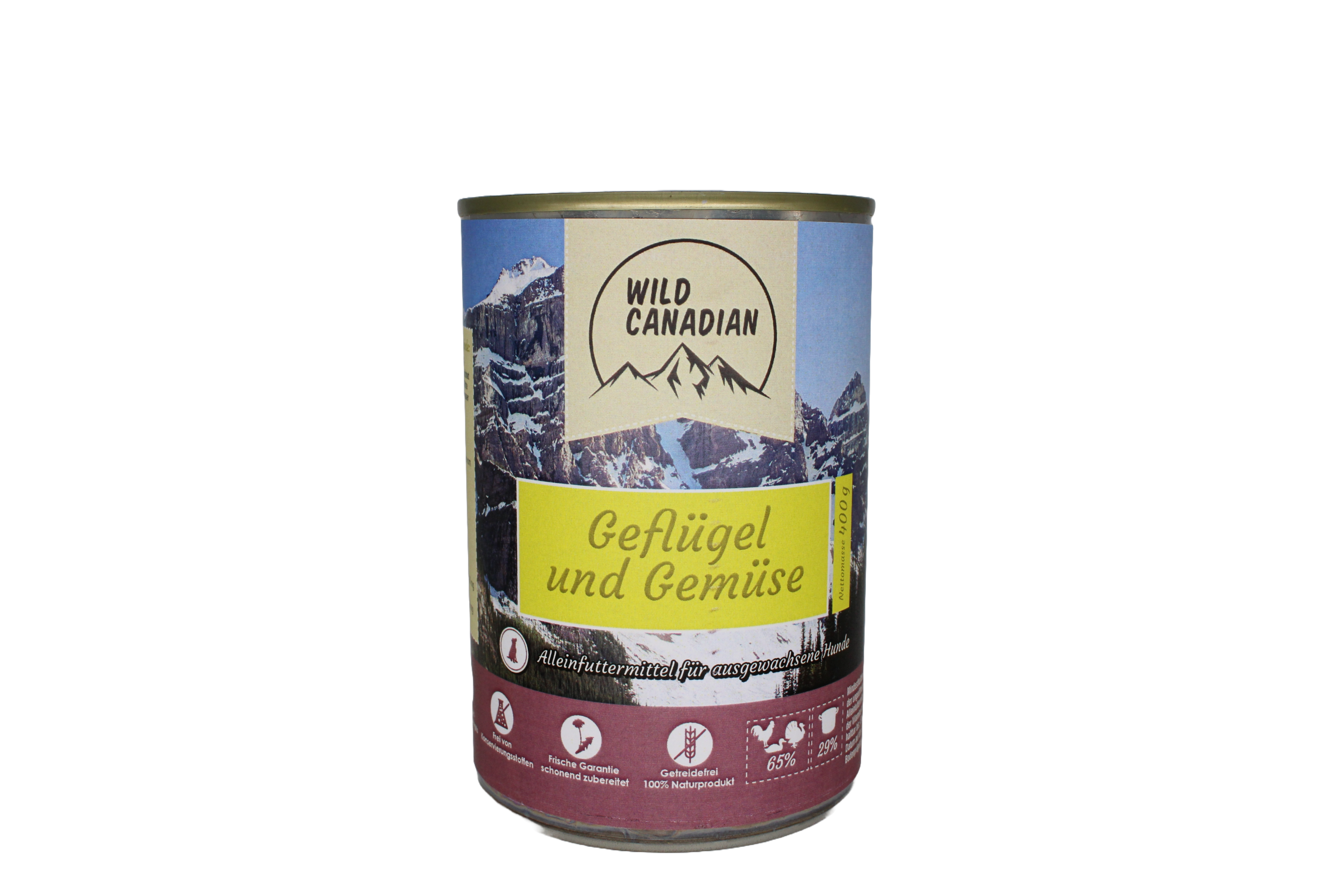 Eine Futterdose mit gelbem Etikett und der Aufschrift „Geflügel und Gemüse“. Der obere Teil zeigt eine verschneite Berglandschaft, unten eine bordeauxfarbene Fläche mit Piktogrammen.