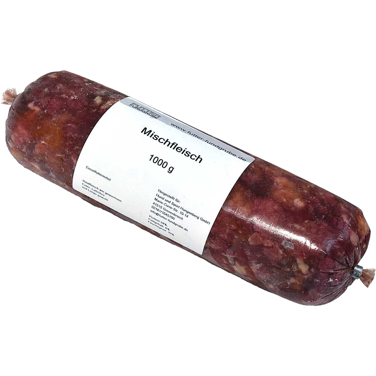 Eine Frostfleischrolle mit weißem Etikett und der Aufschrift „Mischfleisch“. Verpackt in einem nicht essbaren Kunstdarm. Die Füllung ist grob gewolft und zeigt eine rotbraune Farbe mit Fettstücken.