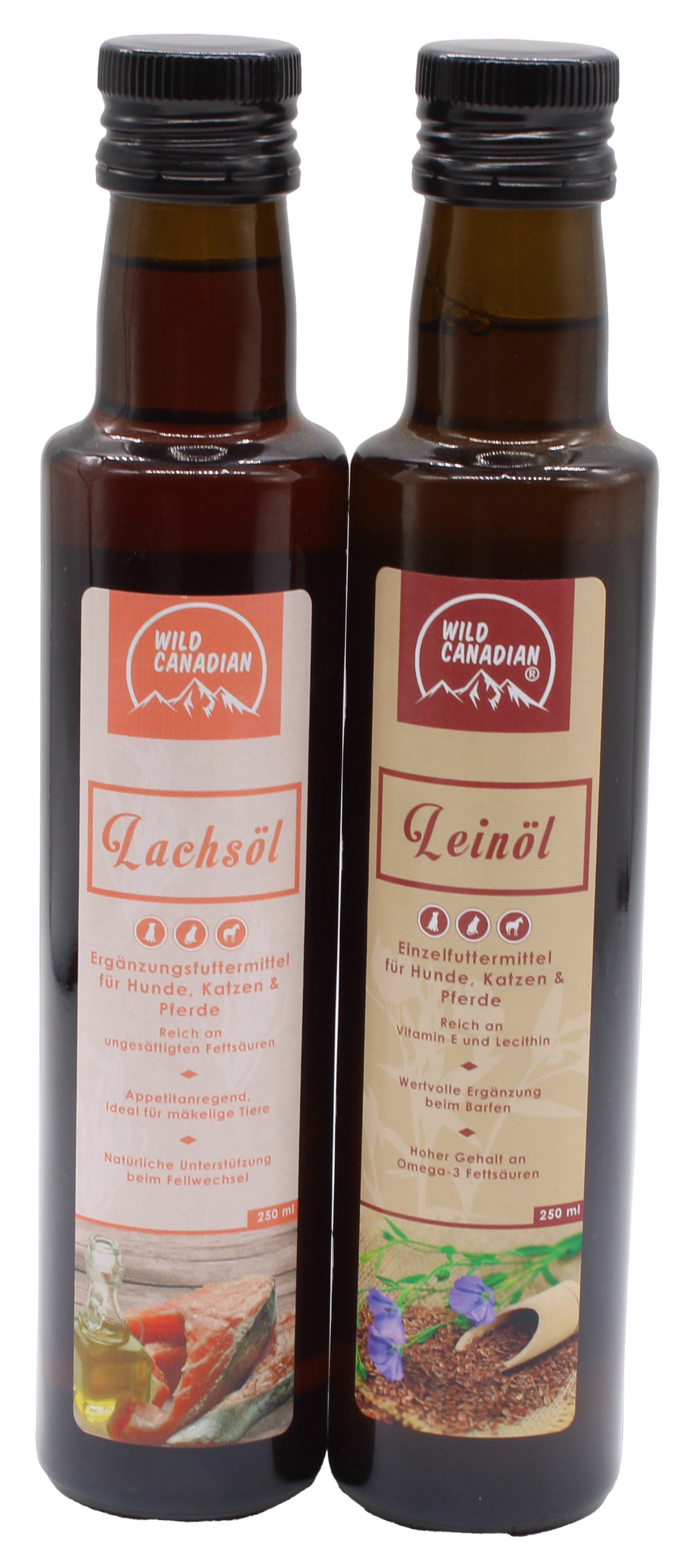 2er Set: Leinöl 250ml und Lachsöl 250ml Zwei braune Glasflaschen mit schwarzem Schraubverschluss und Etiketten der Marke „Wild Canadian“. Links steht „Lachsöl“ mit Fischabbildung, rechts „Leinöl“ mit Leinsamen und Blüten.