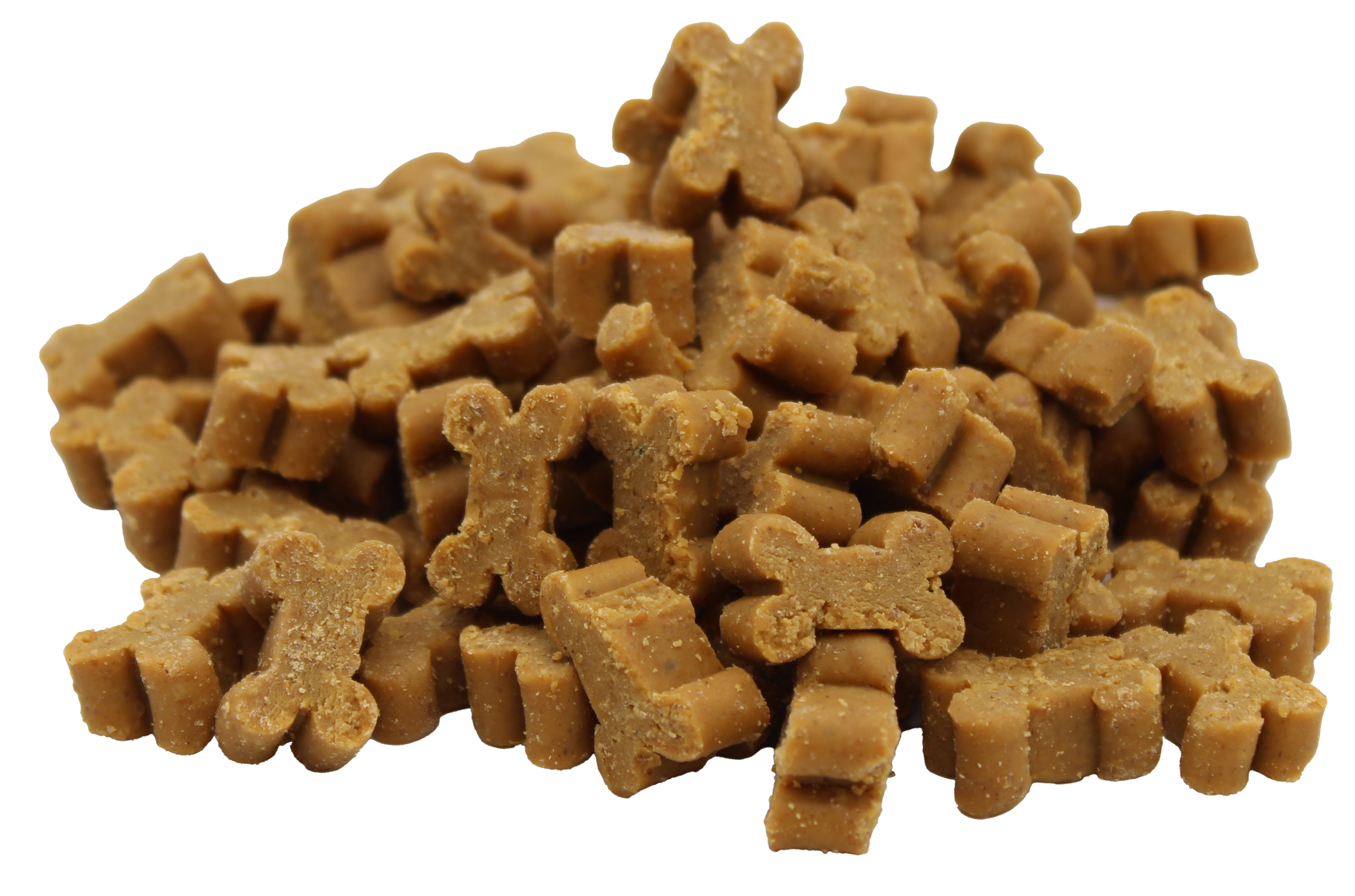 Knochenförmige Hunde-Leckerlis in durchgehend gelbbrauner Farbe. Die Snacks wirken weich in der Konsistenz
