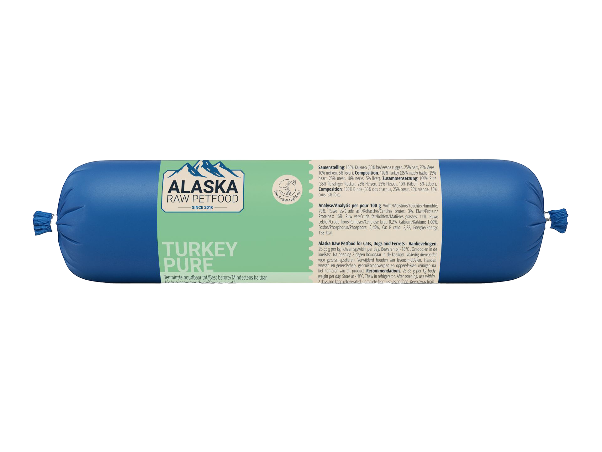 Eine blaue Frostfleischrolle mit mintgrünem Etikett ‚Turkey Pure‘, verpackt in nicht essbarem Kunstdarm; rechts befindet sich ein beiges Informationsetikett mit Text.