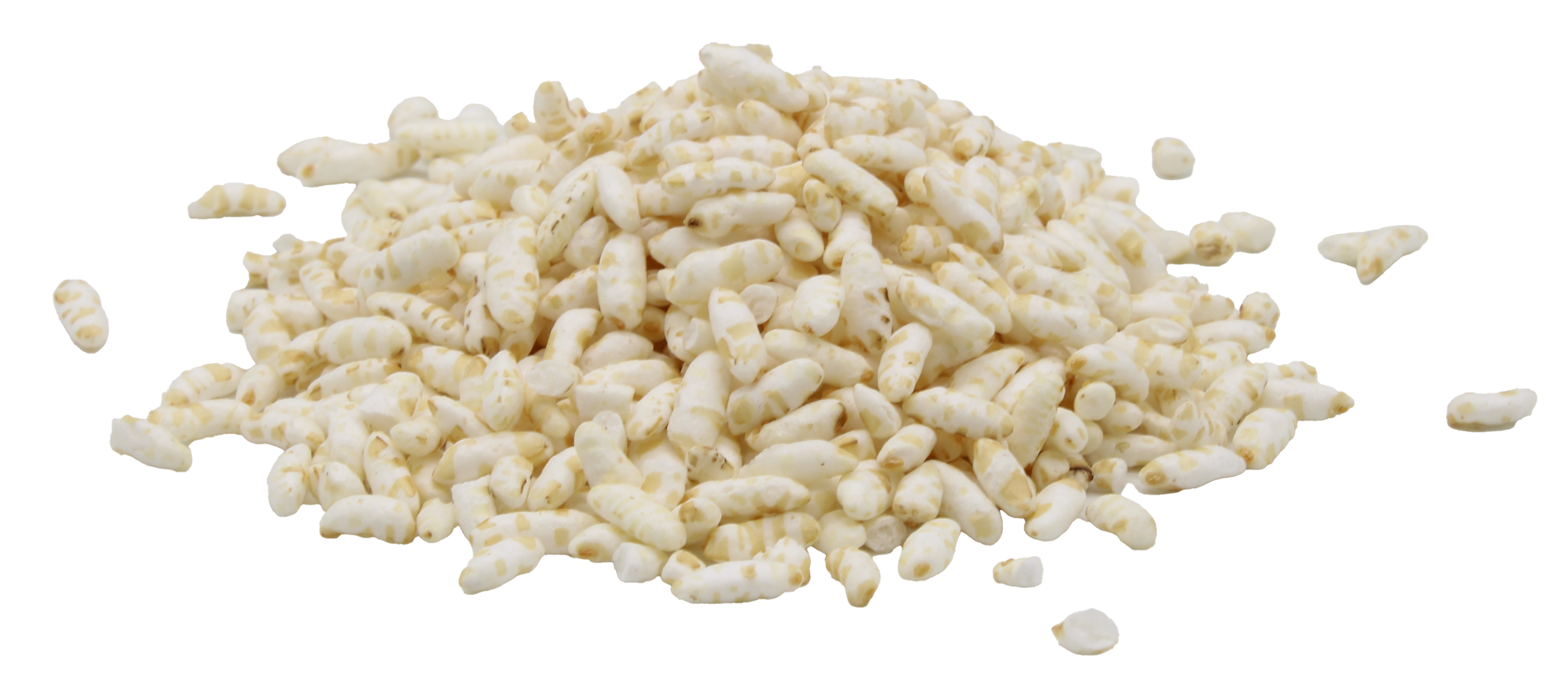 Ein Haufen weißer, länglicher Puffreiskörner mit unregelmäßiger Oberfläche, locker auf einem hellen Untergrund liegend. Die Körner wirken leicht aufgebläht und matt.